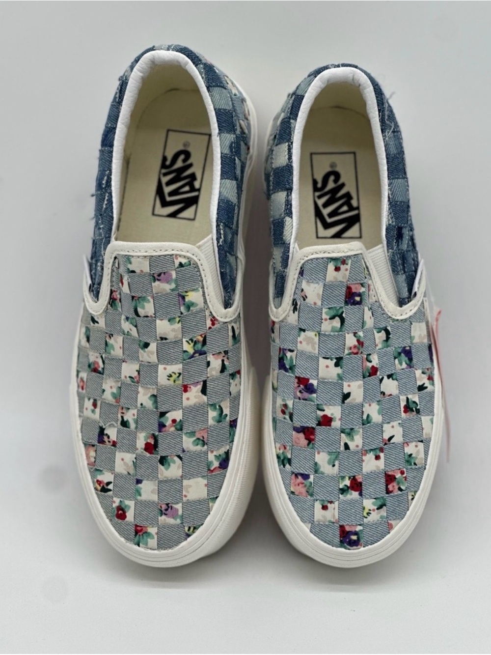Vans Slip-On Checkerboard Woven Floral Sneakers in Blue, White, Cream